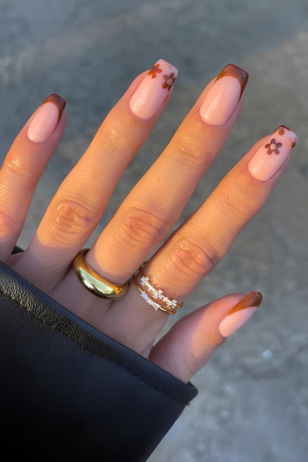 Brown French mani with floral art