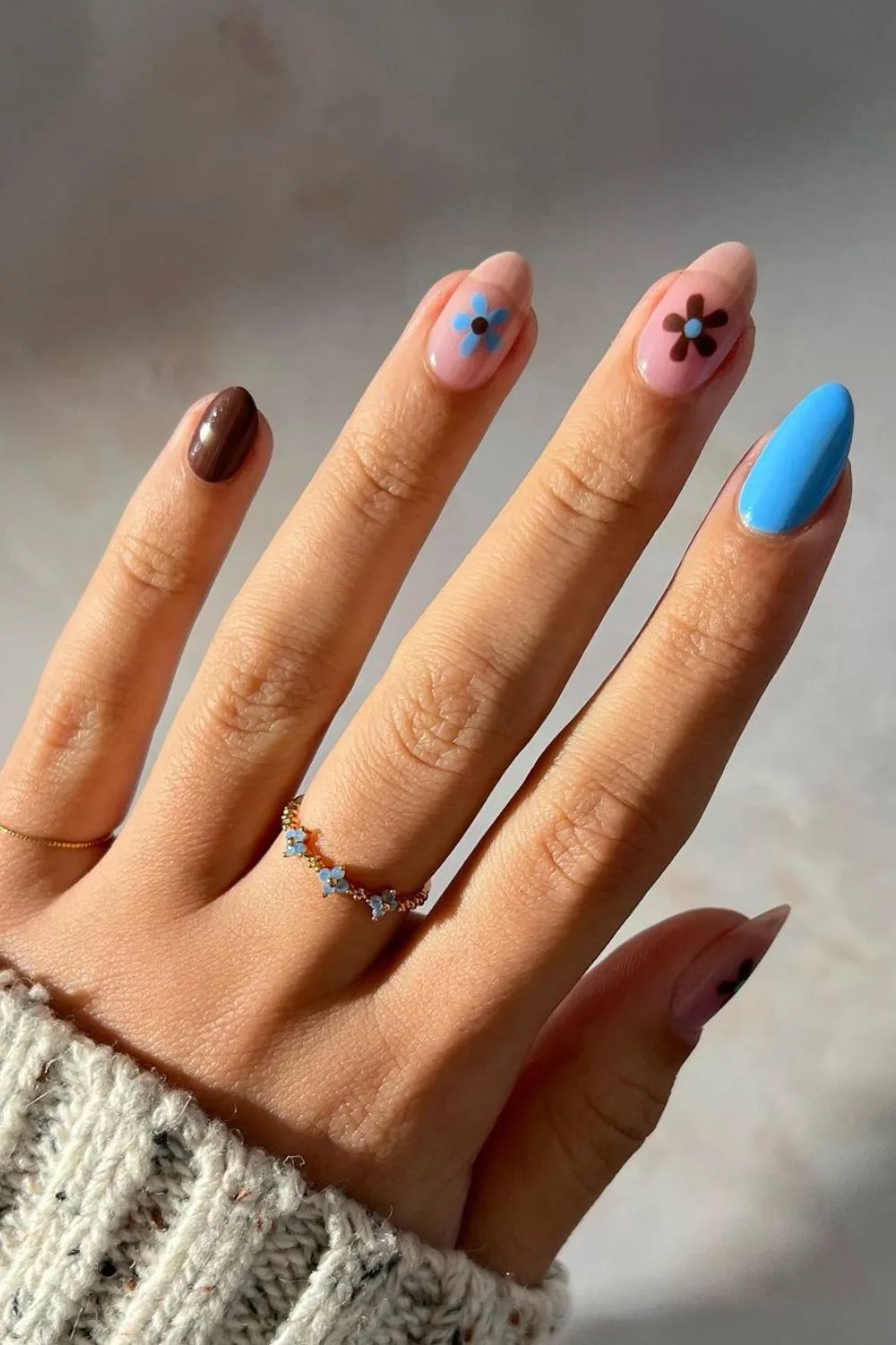 Brown and blue floral nails