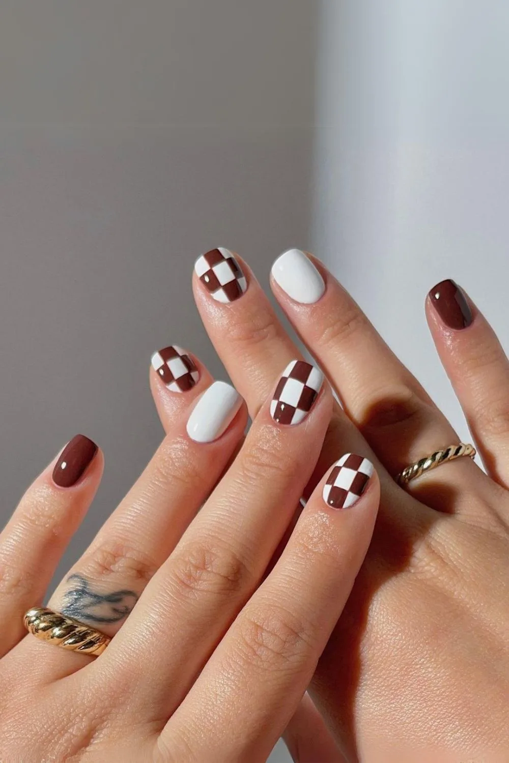 Brown and white checkerboard nails