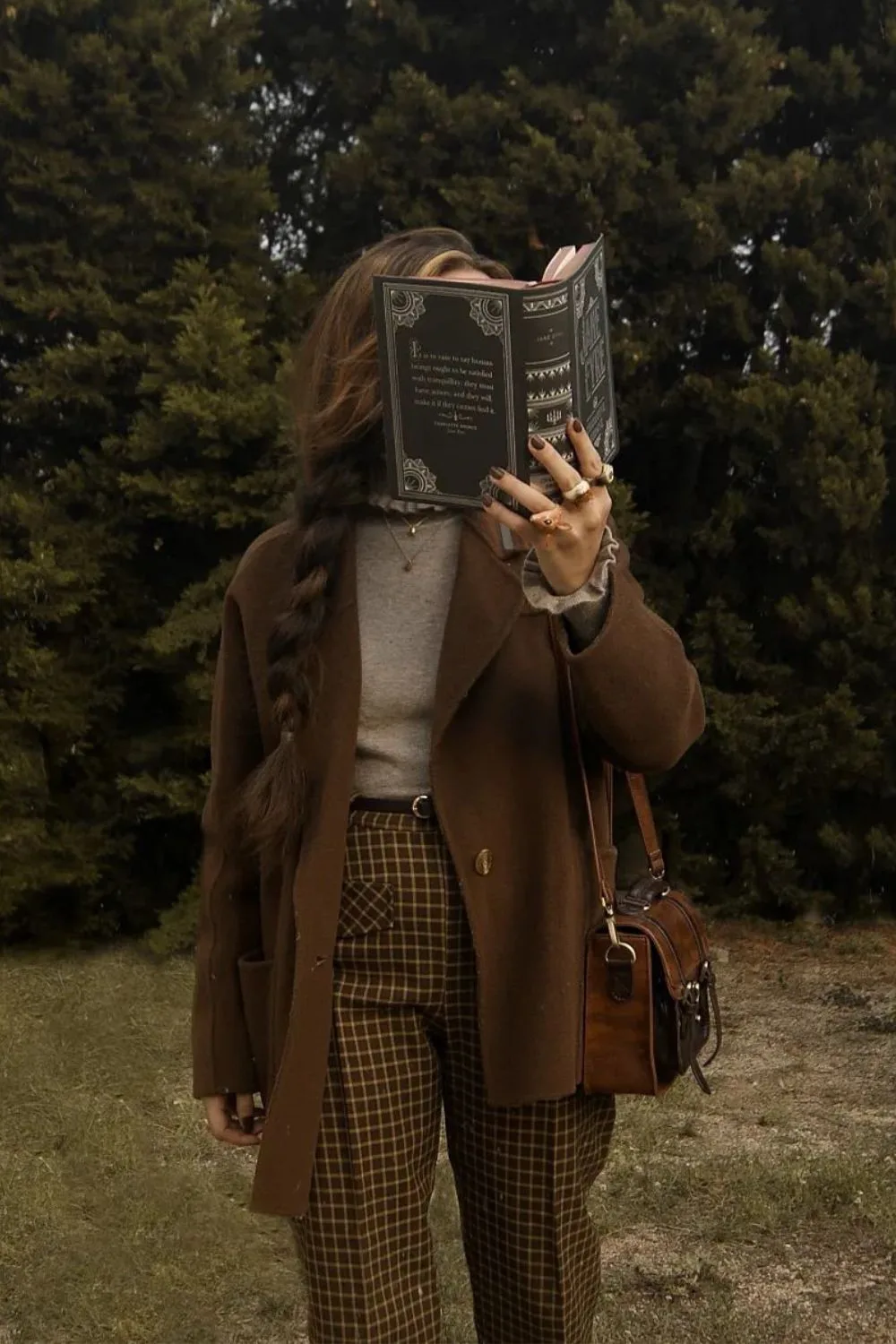 Brown coat with plaid pants