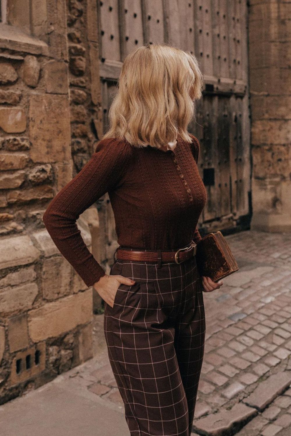 Brown knit with plaid pants