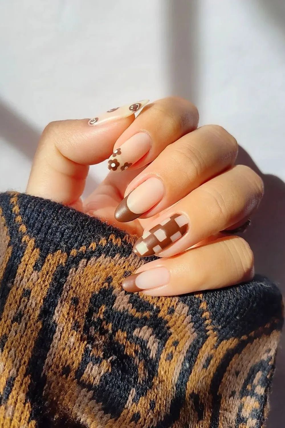 Brown mix and match French nails