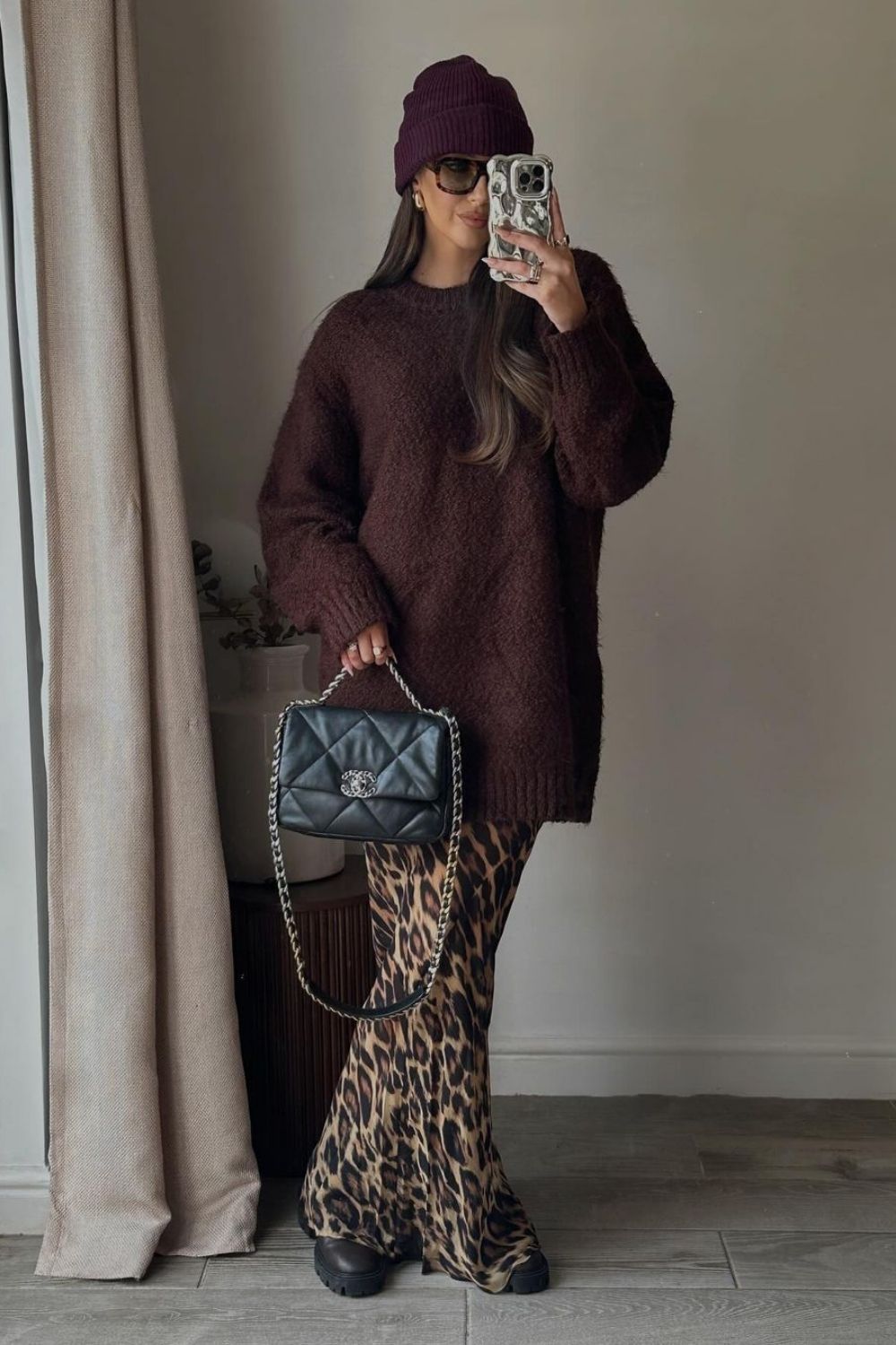 Burgundy Sweater & Leopard Skirt