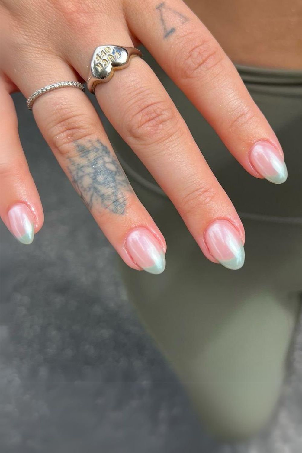 Chromed sage green French tips