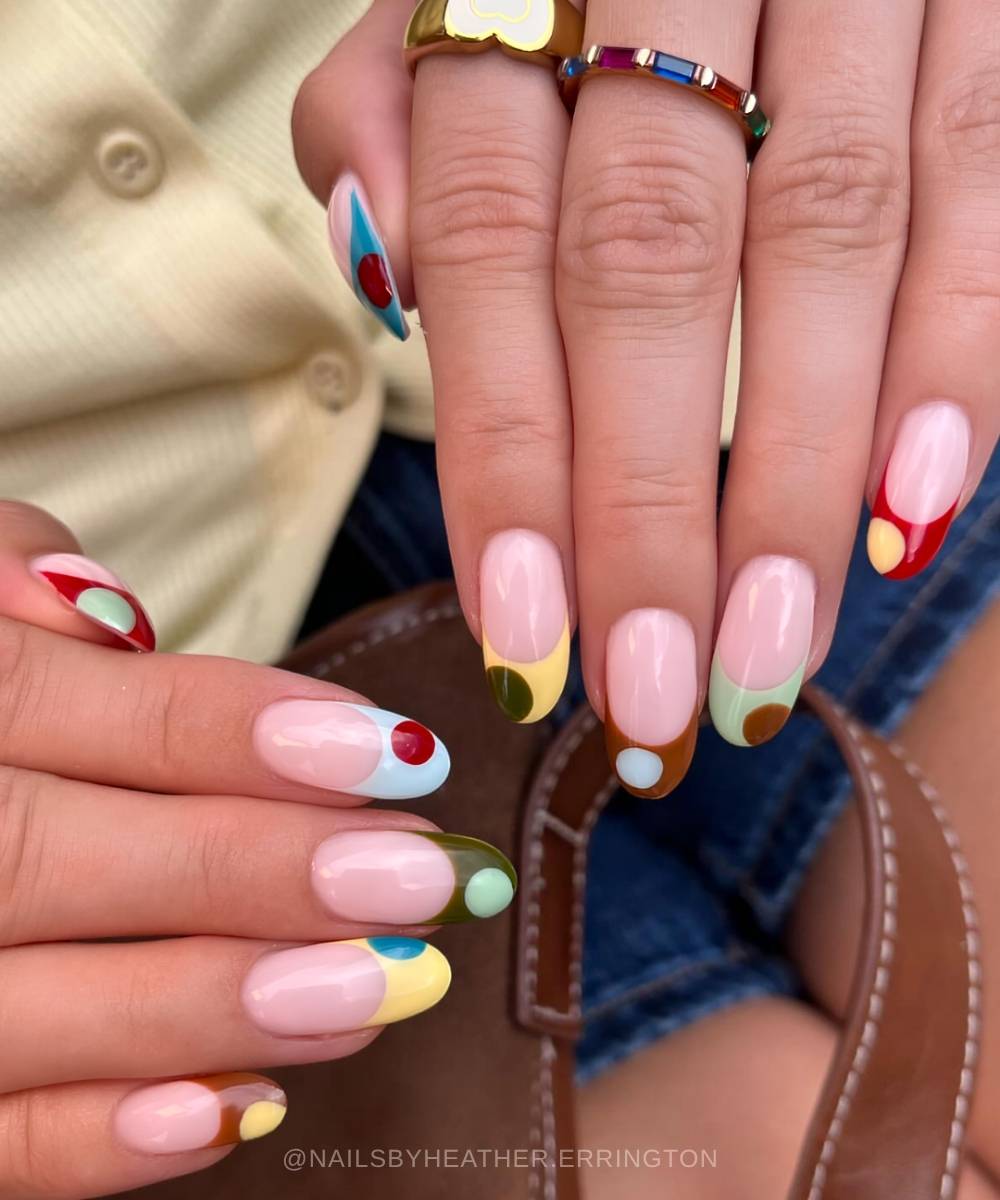 Colorful French tip mani with single dot art