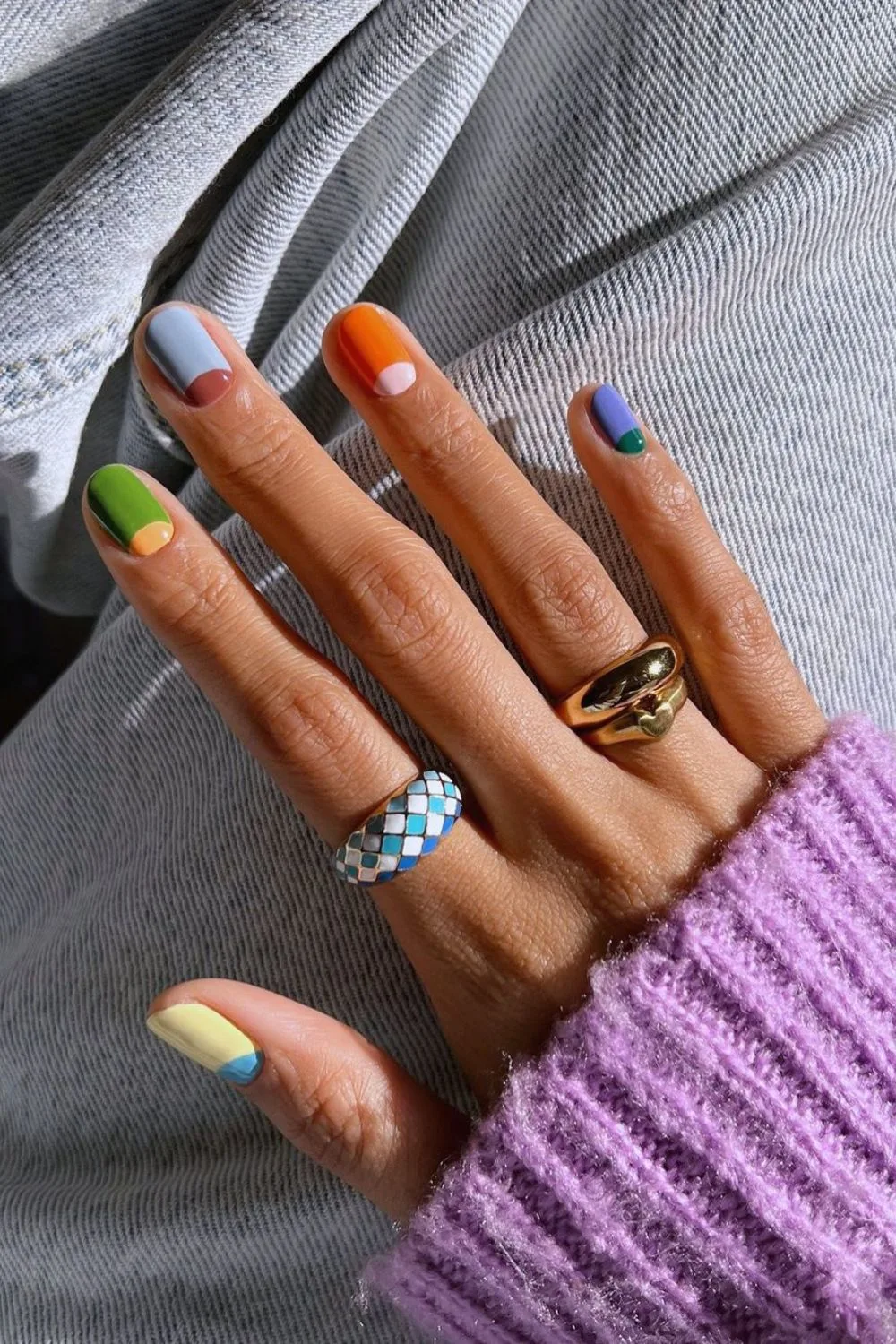 Colorful nails with half moon accents