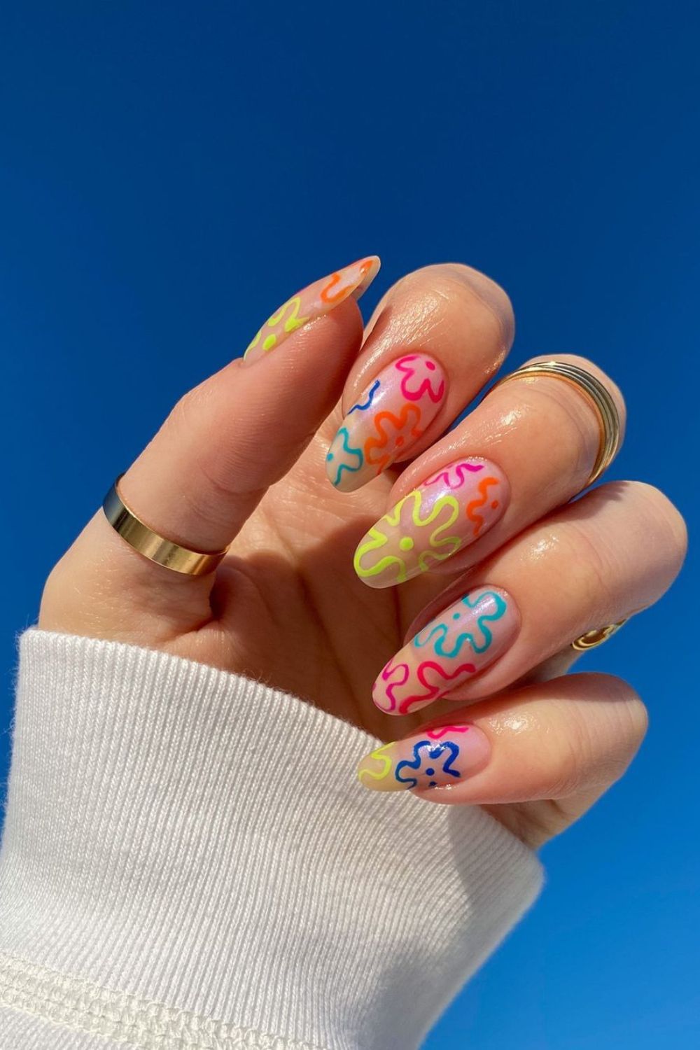 Colorful negative space flower nails