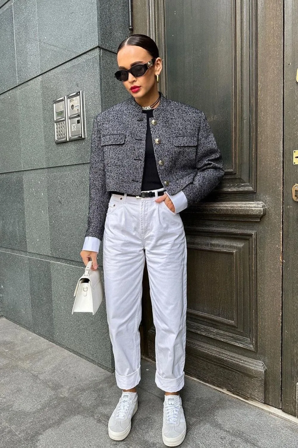 Cropped Jacket & White Trousers