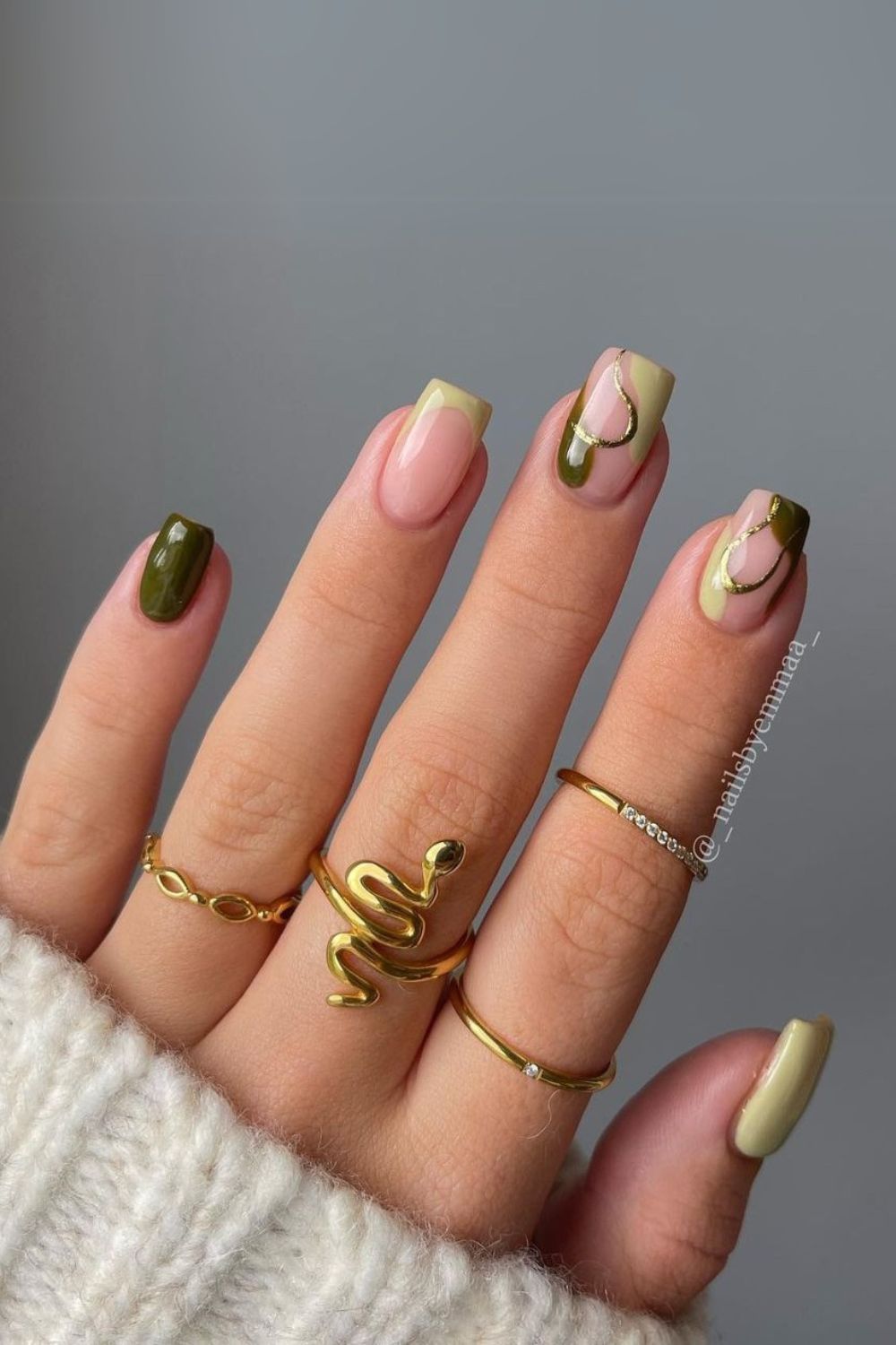 Dark and light olive negative space nails