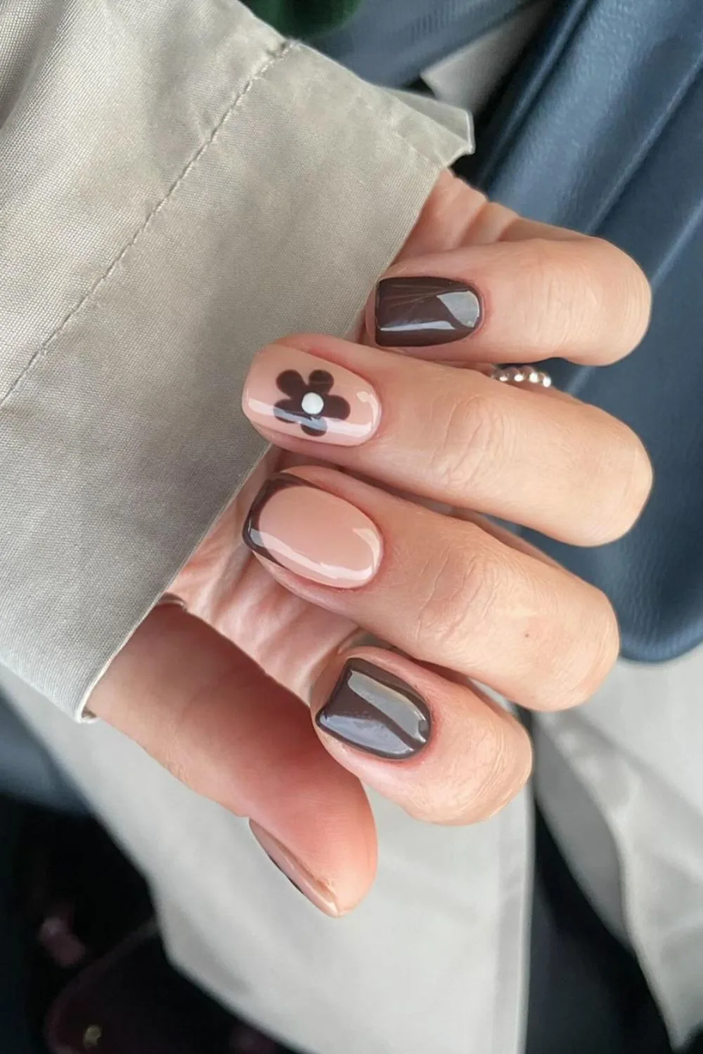 Dark brown nails with negative space