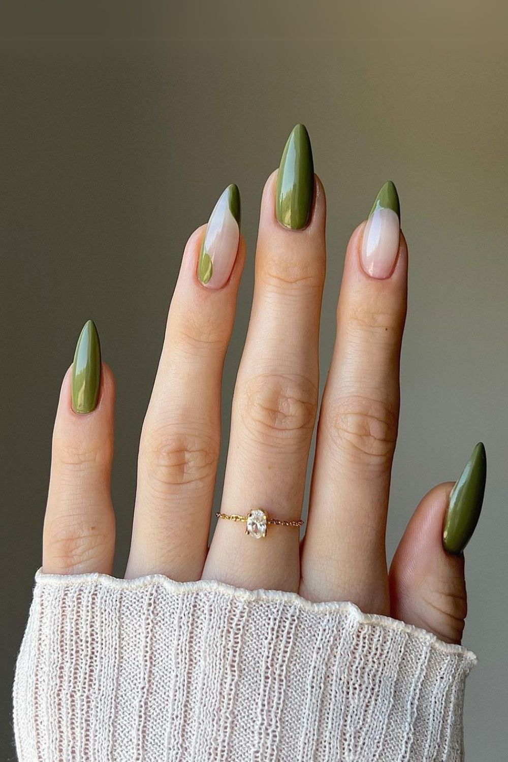 Deep olive nails with negative space accent