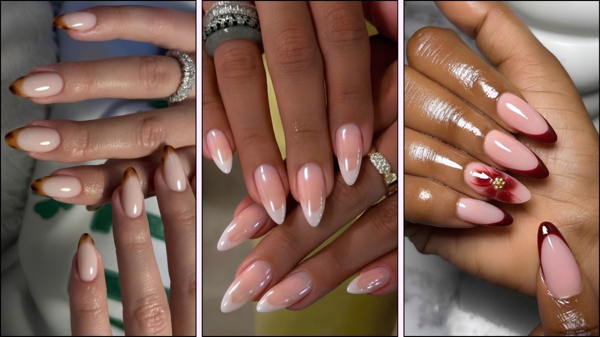 A collage of French tip nail designs for fall season