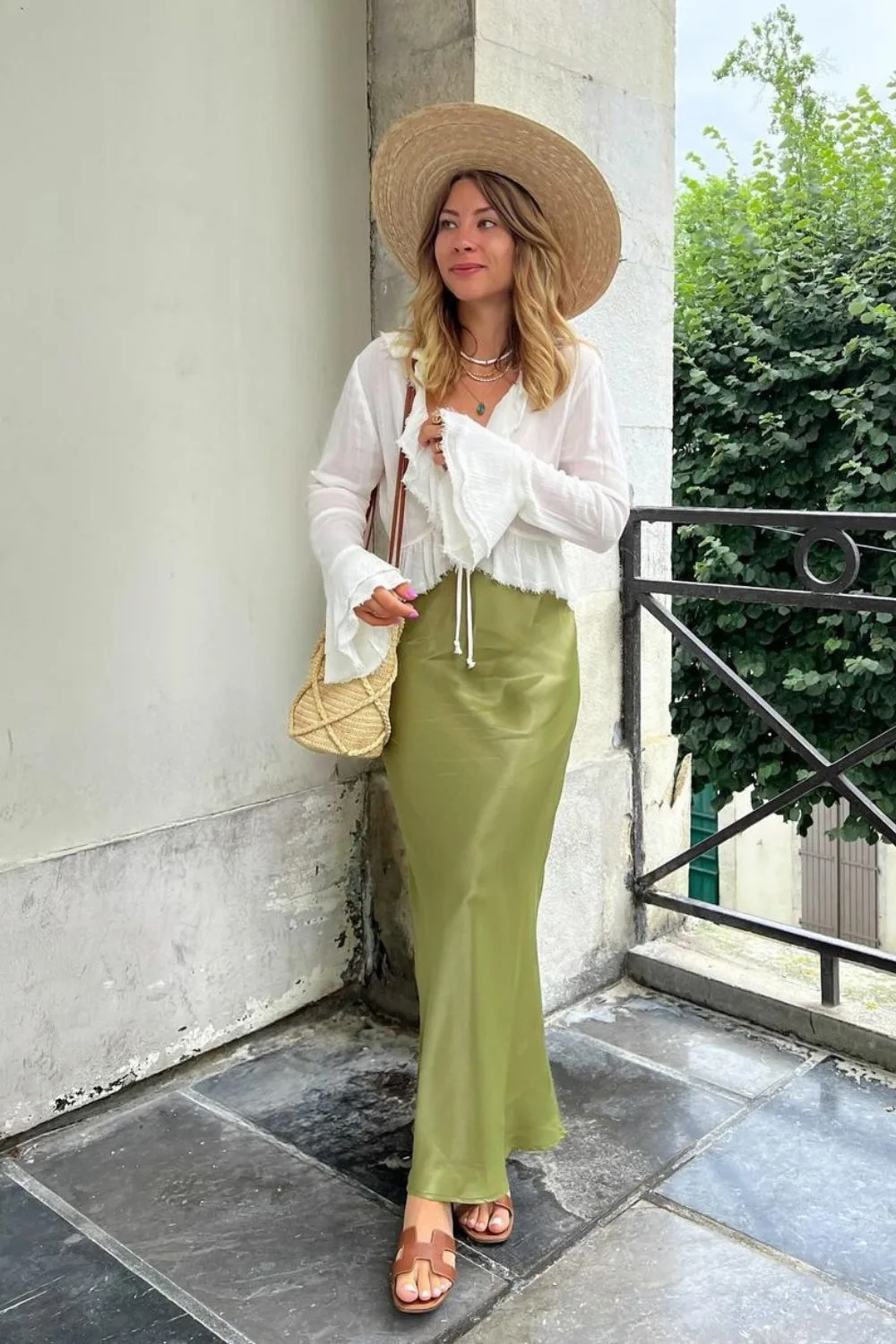 Flowy Blouse & Green Skirt