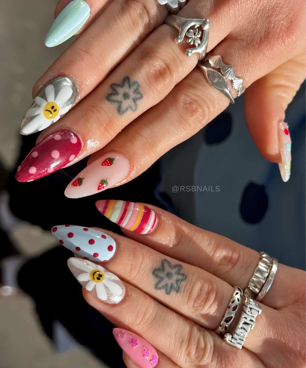 Funky mani with floral and fruit art