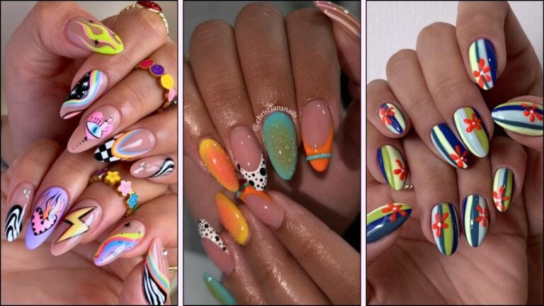 A collage of funky summer nail designs