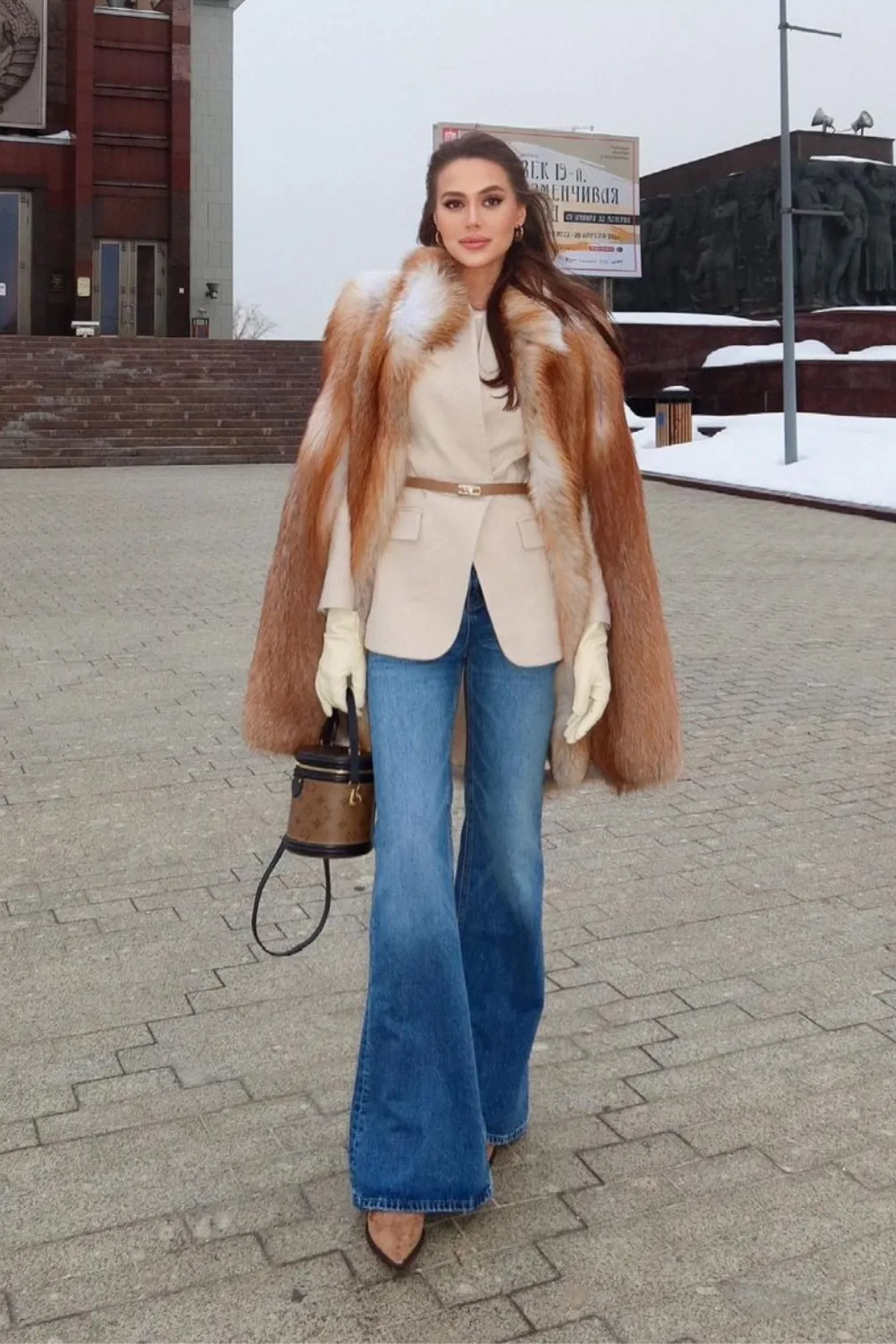 Fur Coat & Wide Jeans