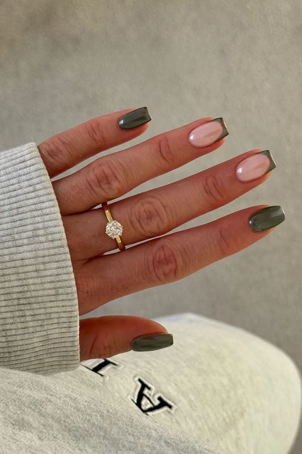 Glazed olive green manicure