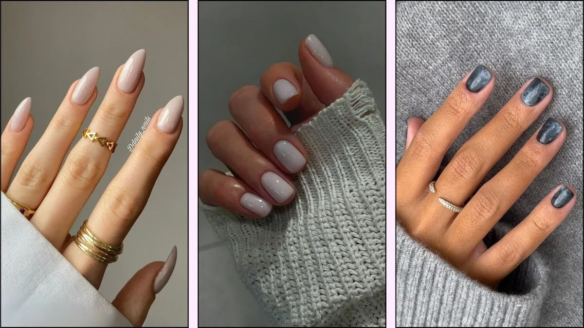 A collage of srunning gray nail designs