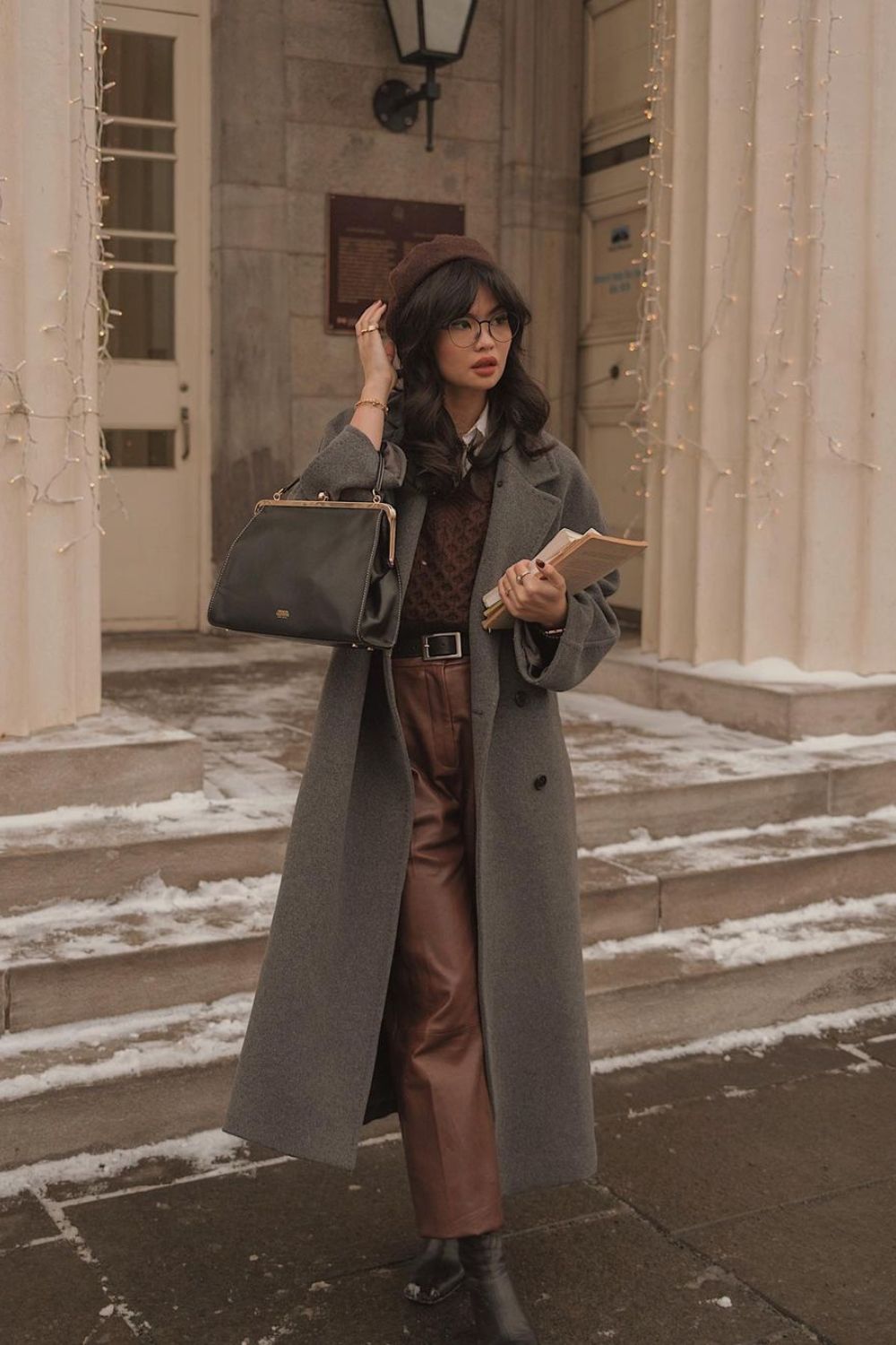 Gray overcoat with leather pants