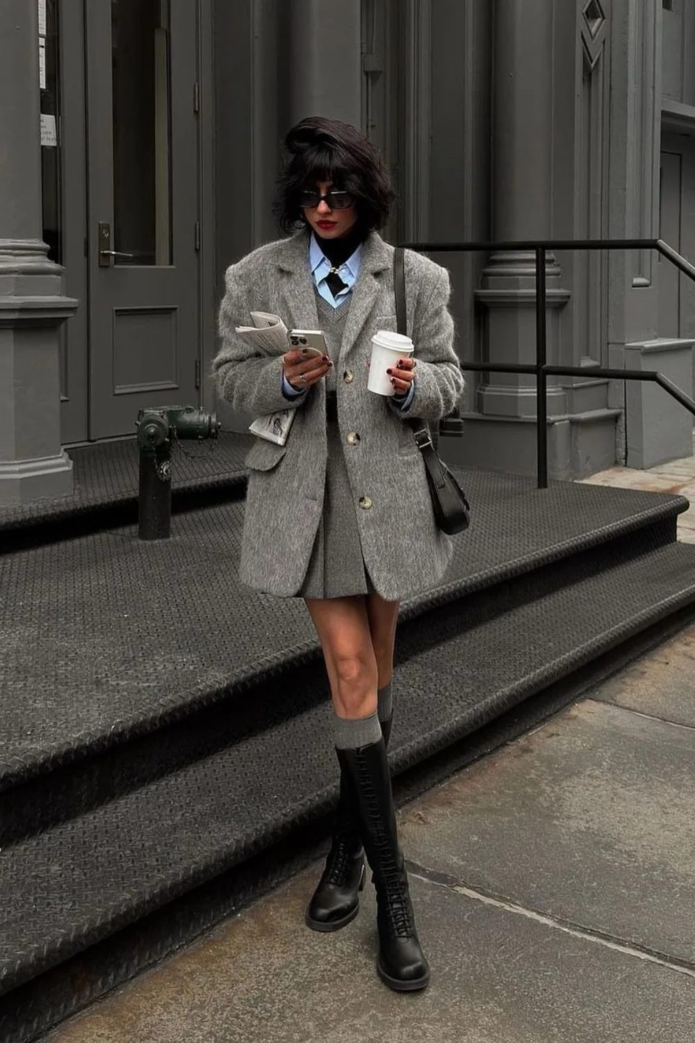 Grey Blazer & Pleated Skirt