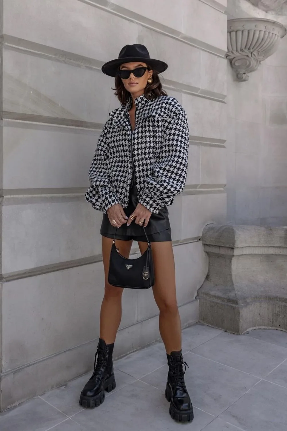 Houndstooth Jacket & Leather Skirt