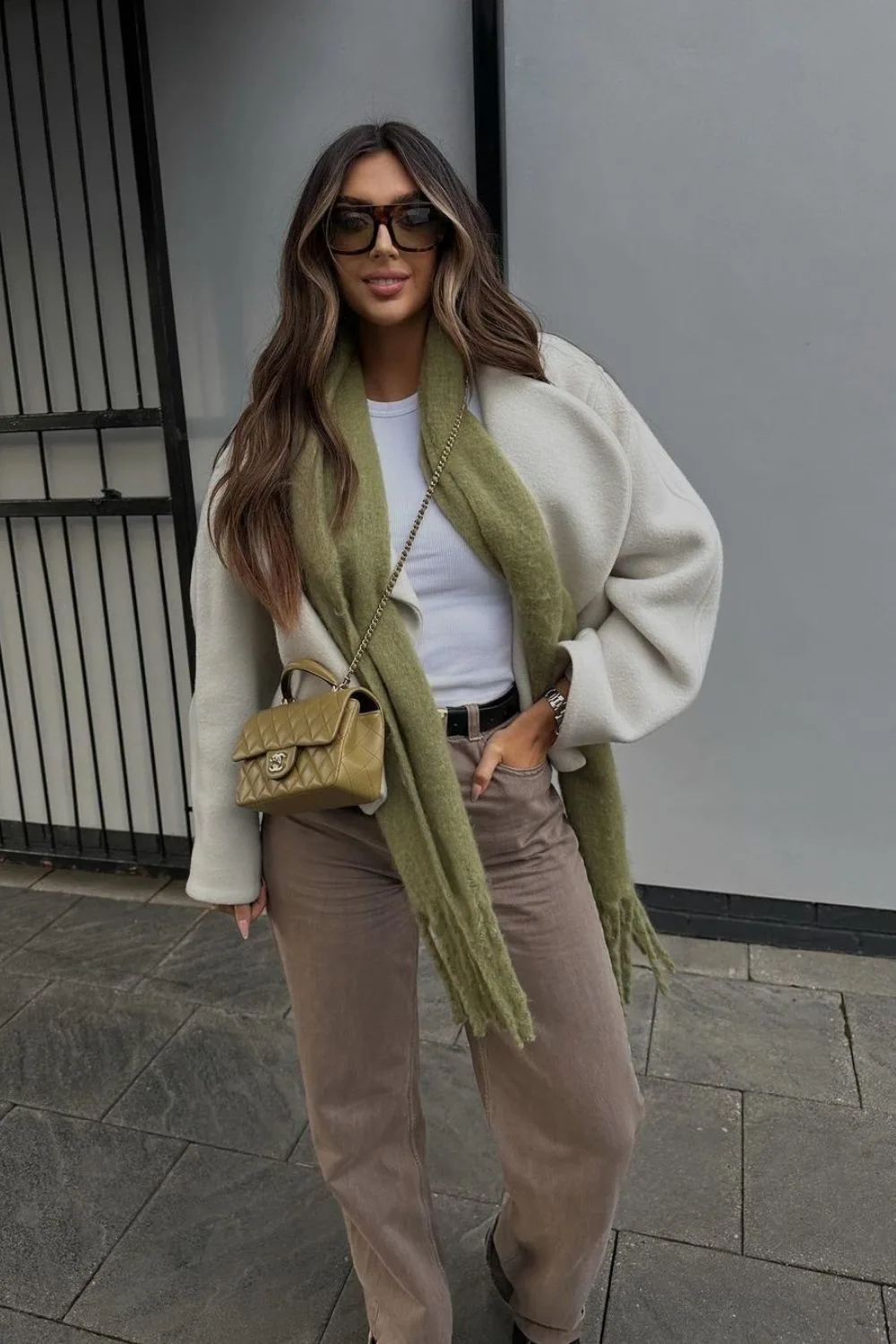 Ivory Jacket & Olive Scarf