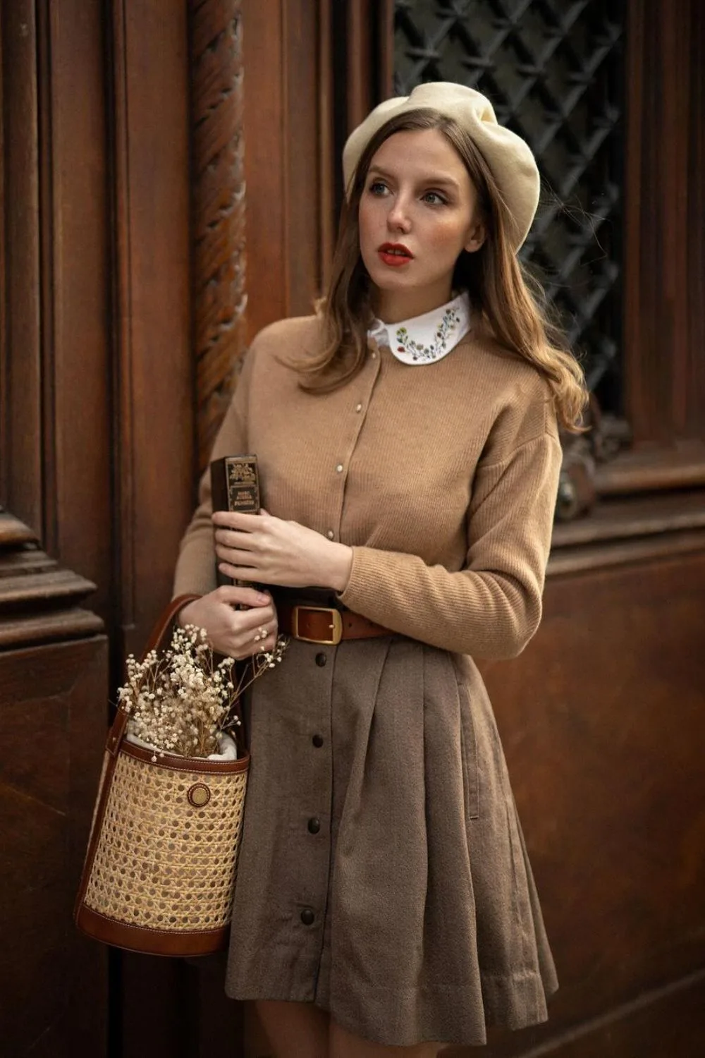 Khaki knit cardigan with pleated wool skirt and beret