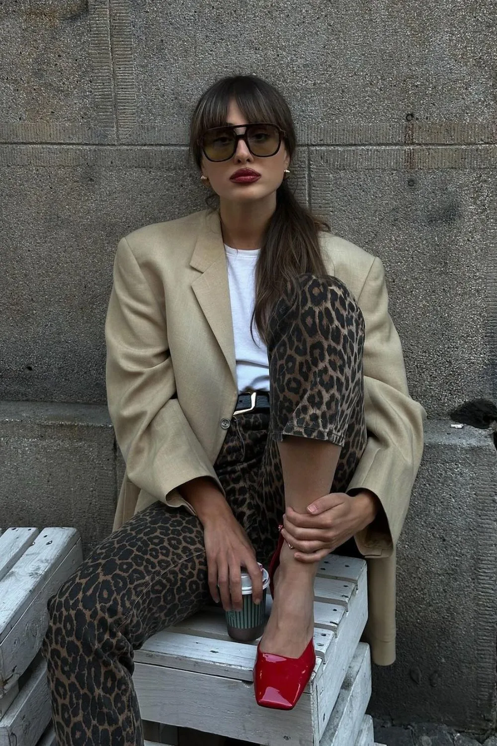 Leopard Print Pants with Beige Blazer & Red Heels