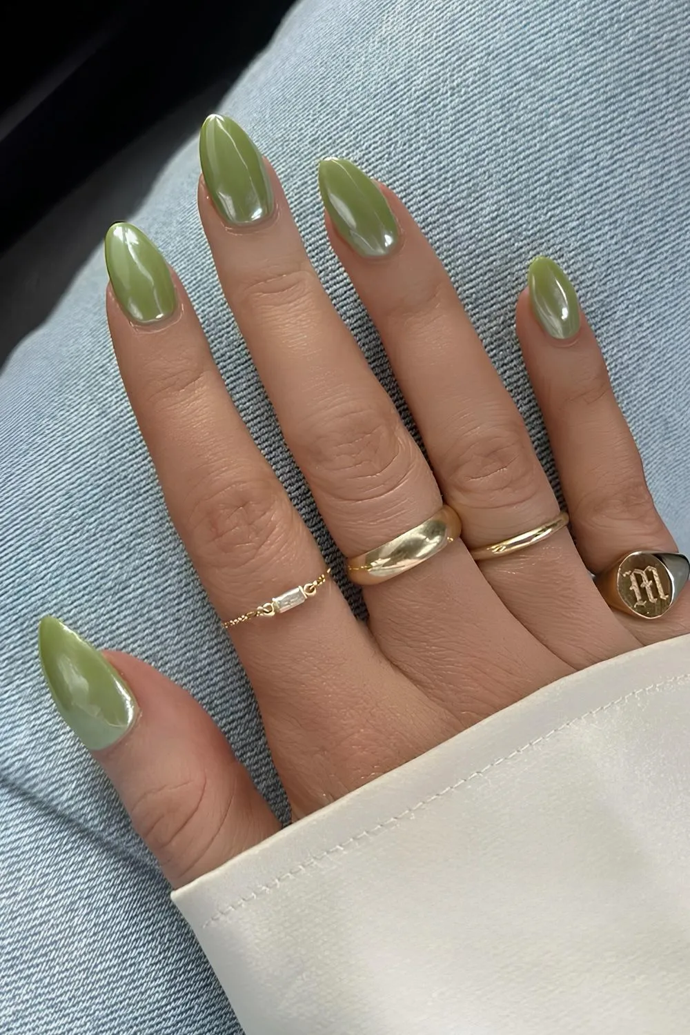 Light olive chrome manicure