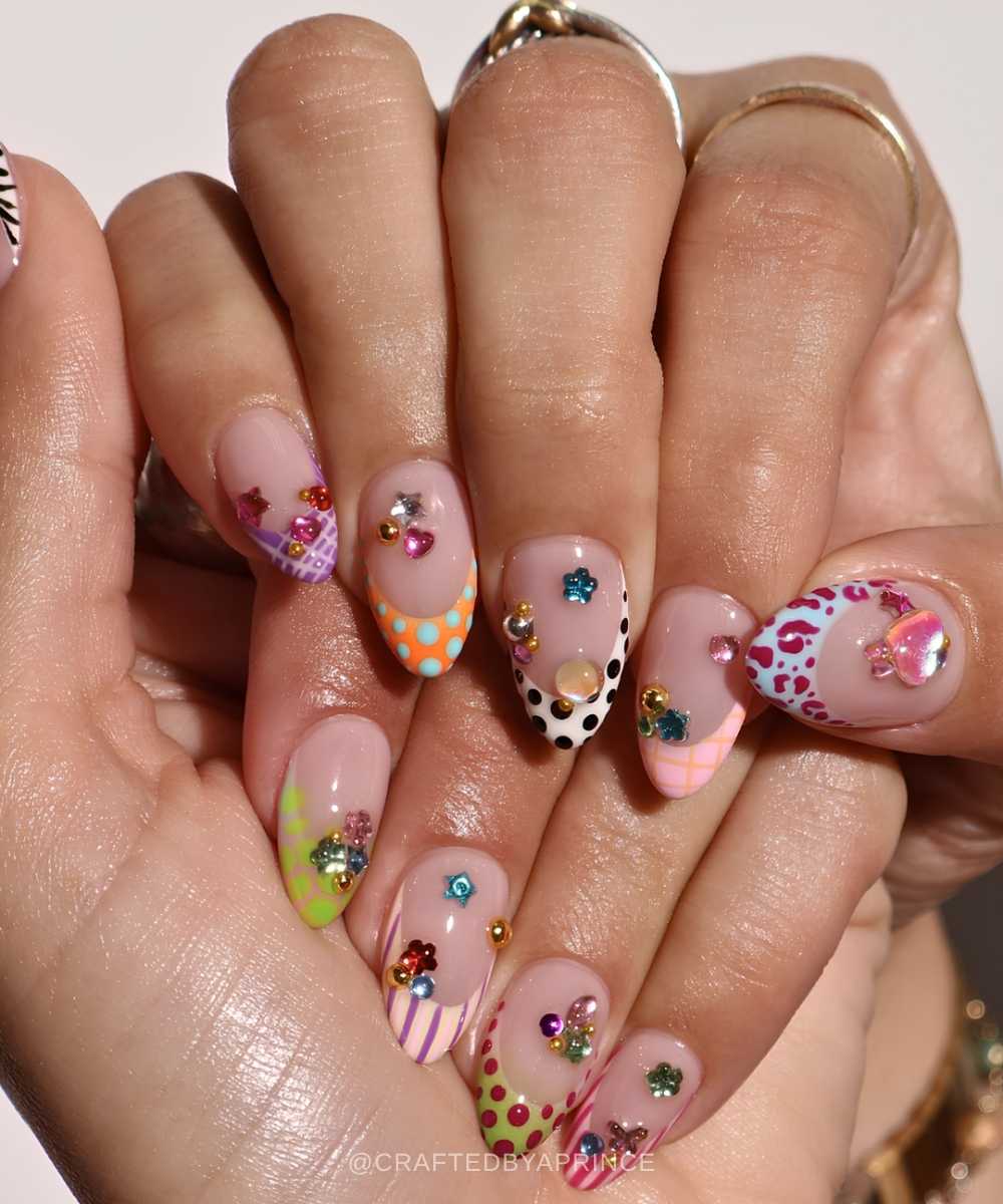 Mixed pattern French manicure with gems