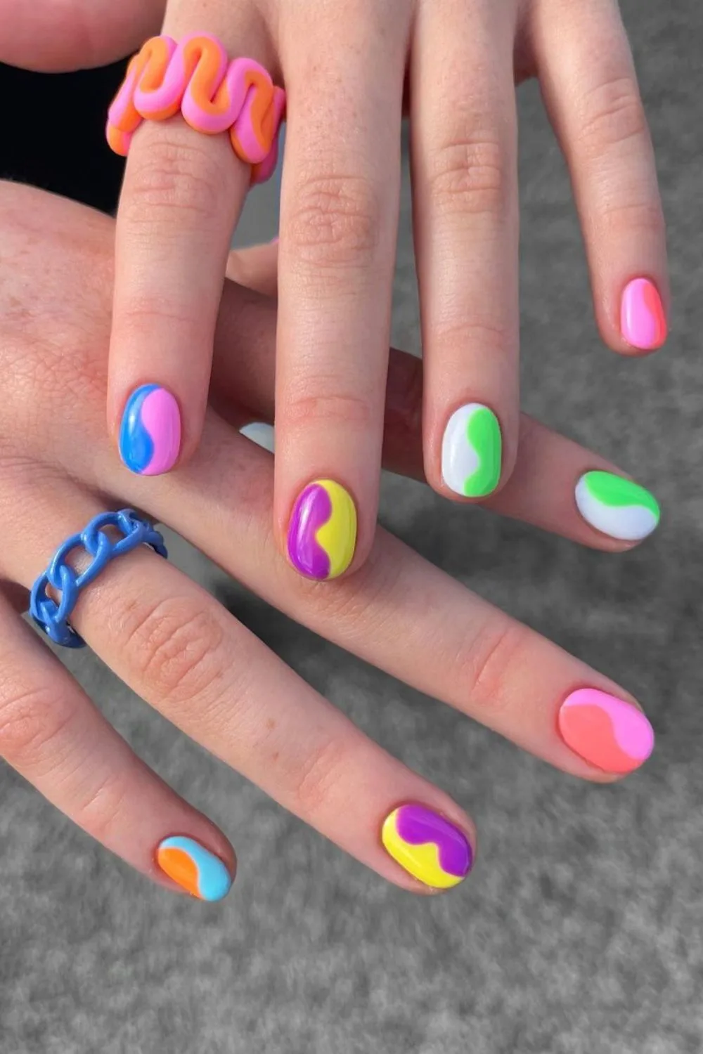 Nails with bright color blocks on each nail