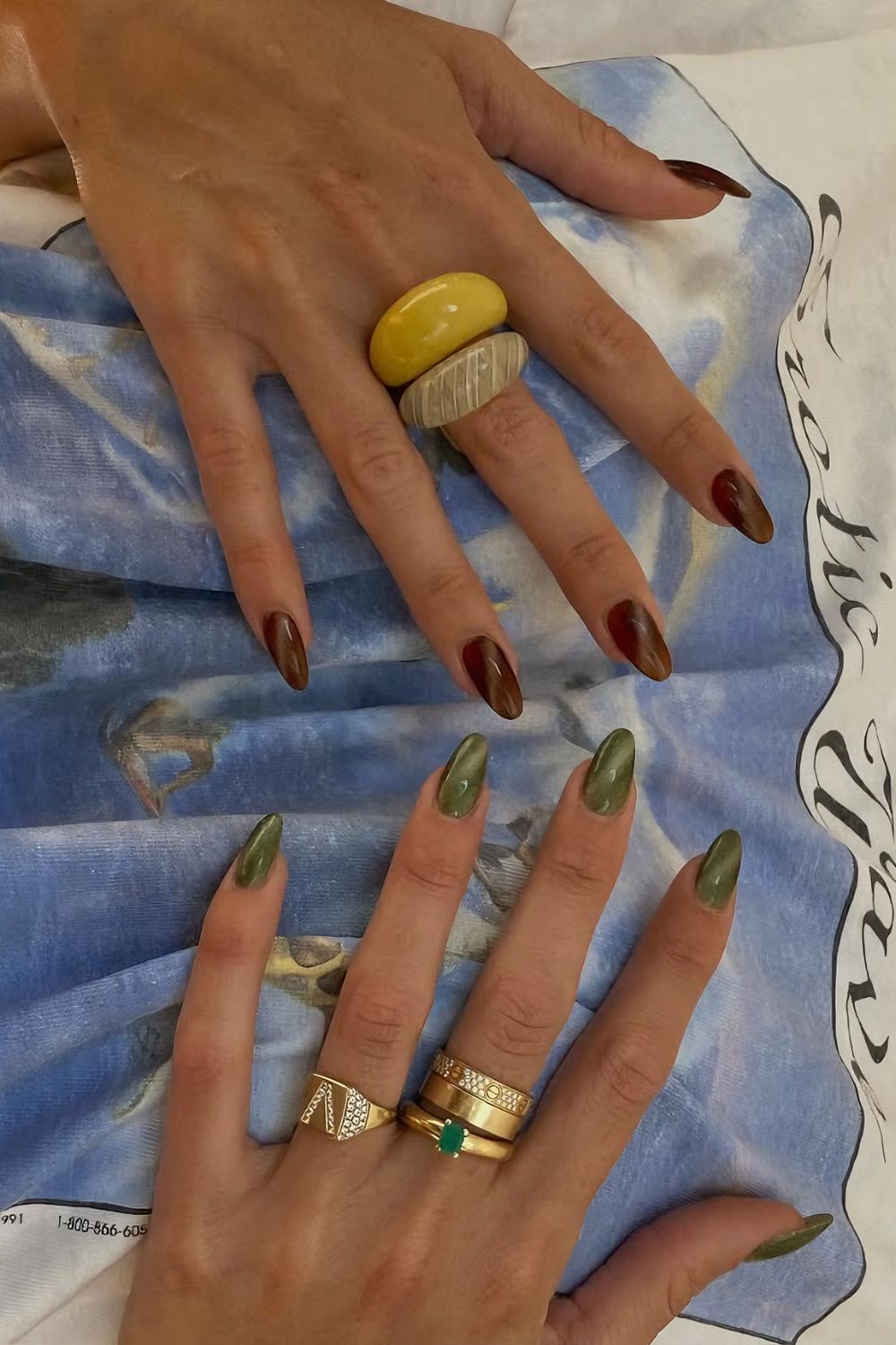 Olive green and brown cat-eye nails