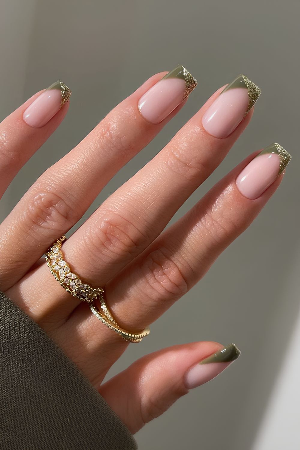 Olive green and gold glitter French mani