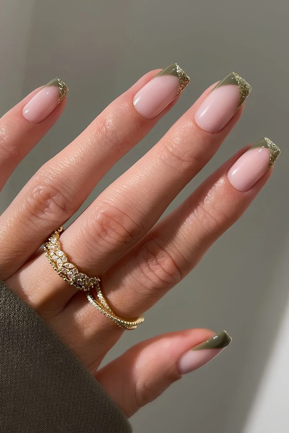 Olive green and gold glitter French mani