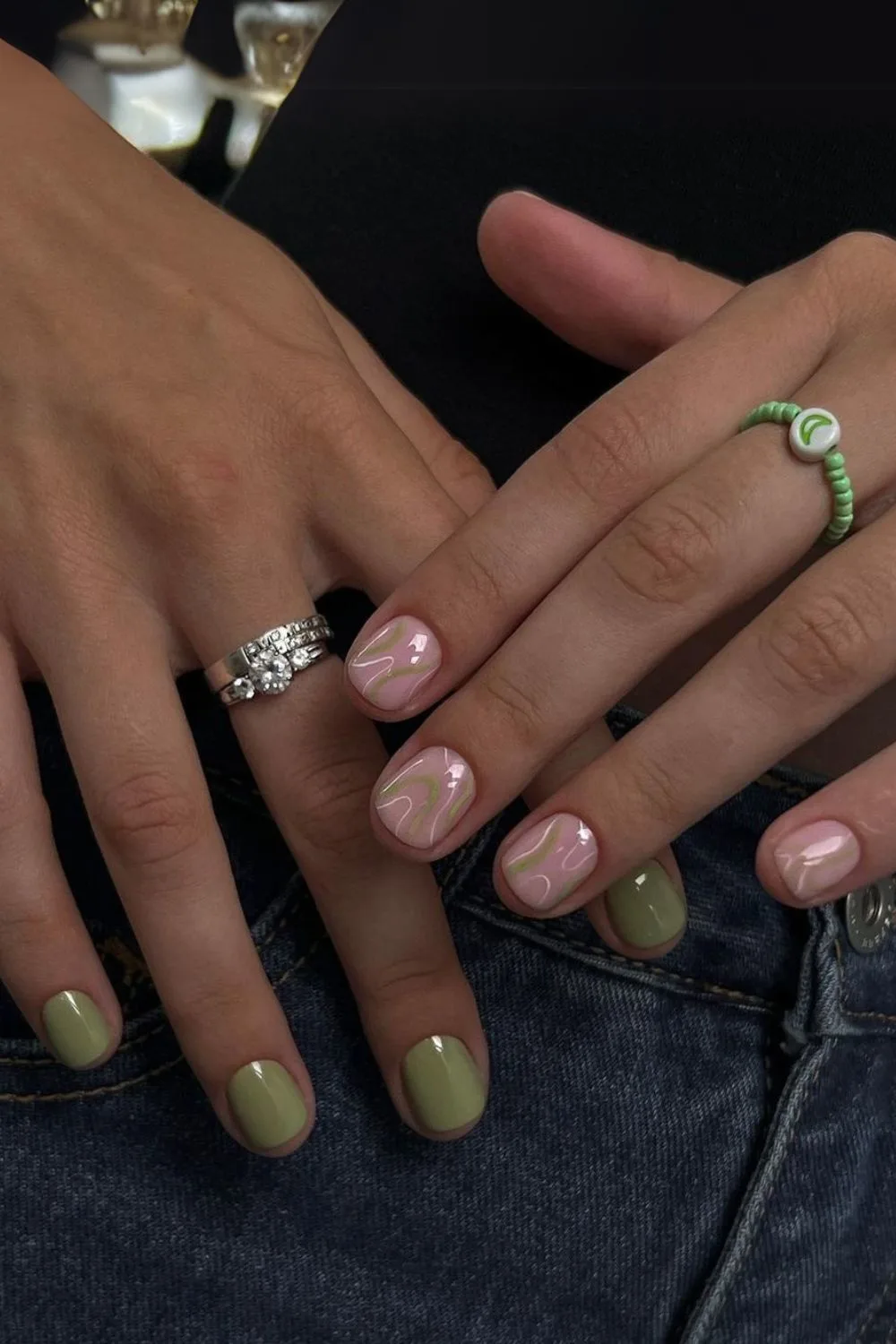 Olive green and pink nails