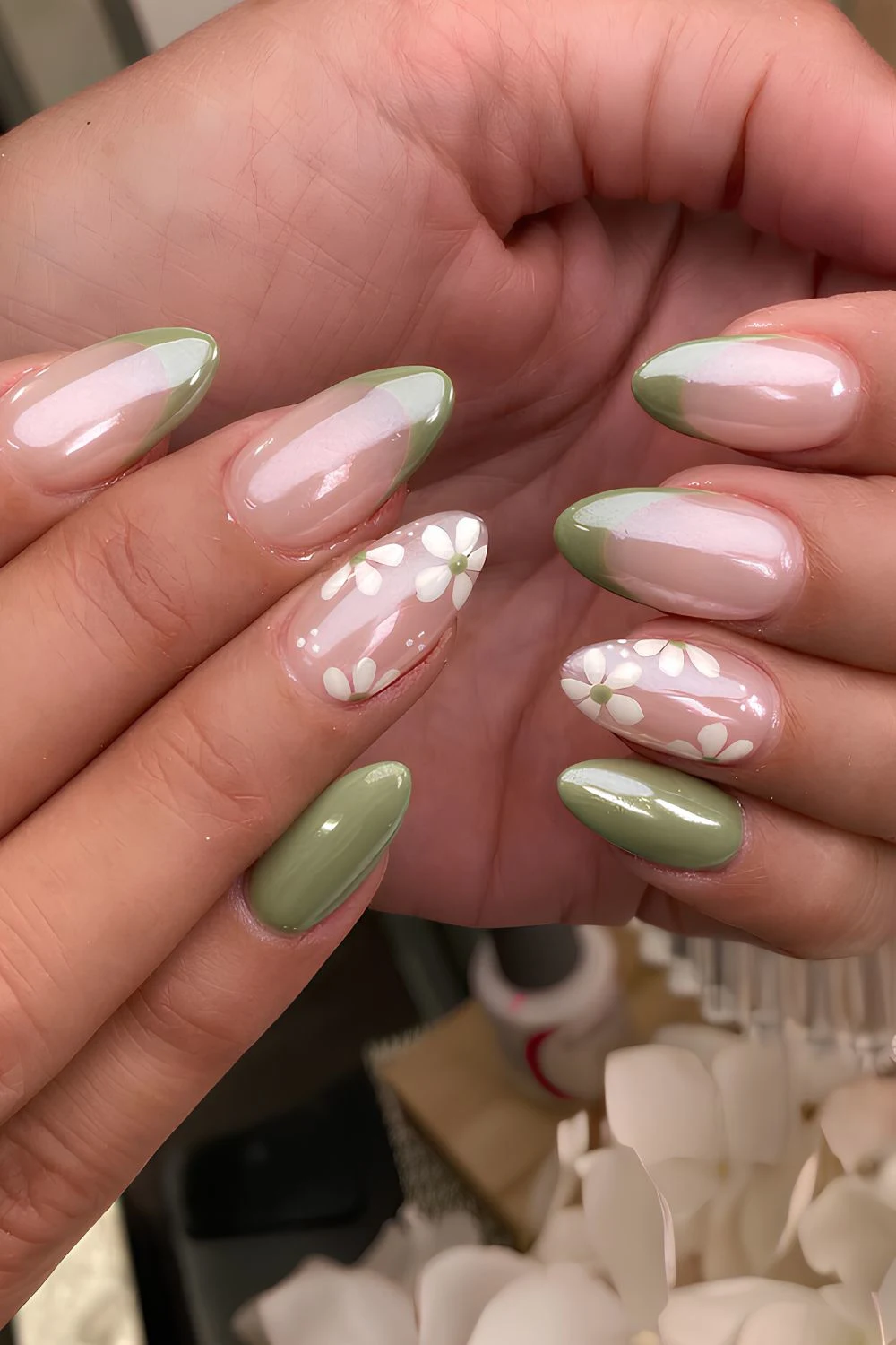 Olive green chrome floral nails