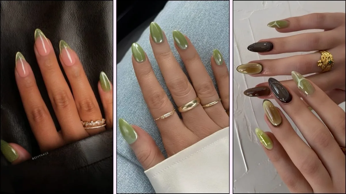 A collage of olive green nail designs