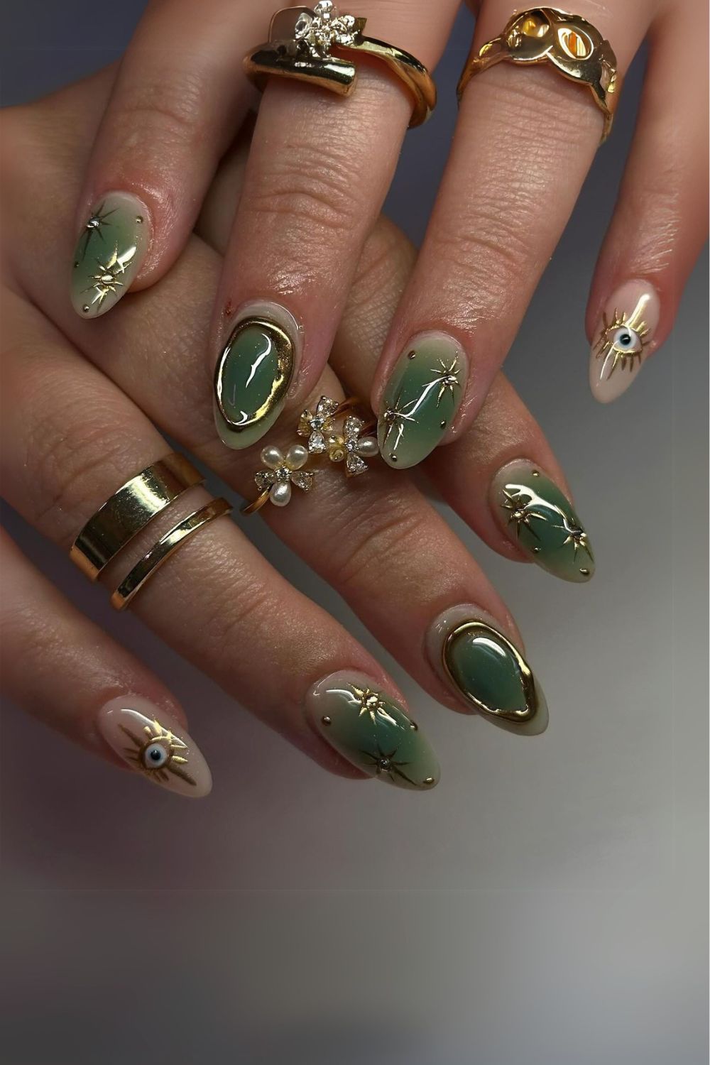 Olive green nails with 3d gold chrome accents