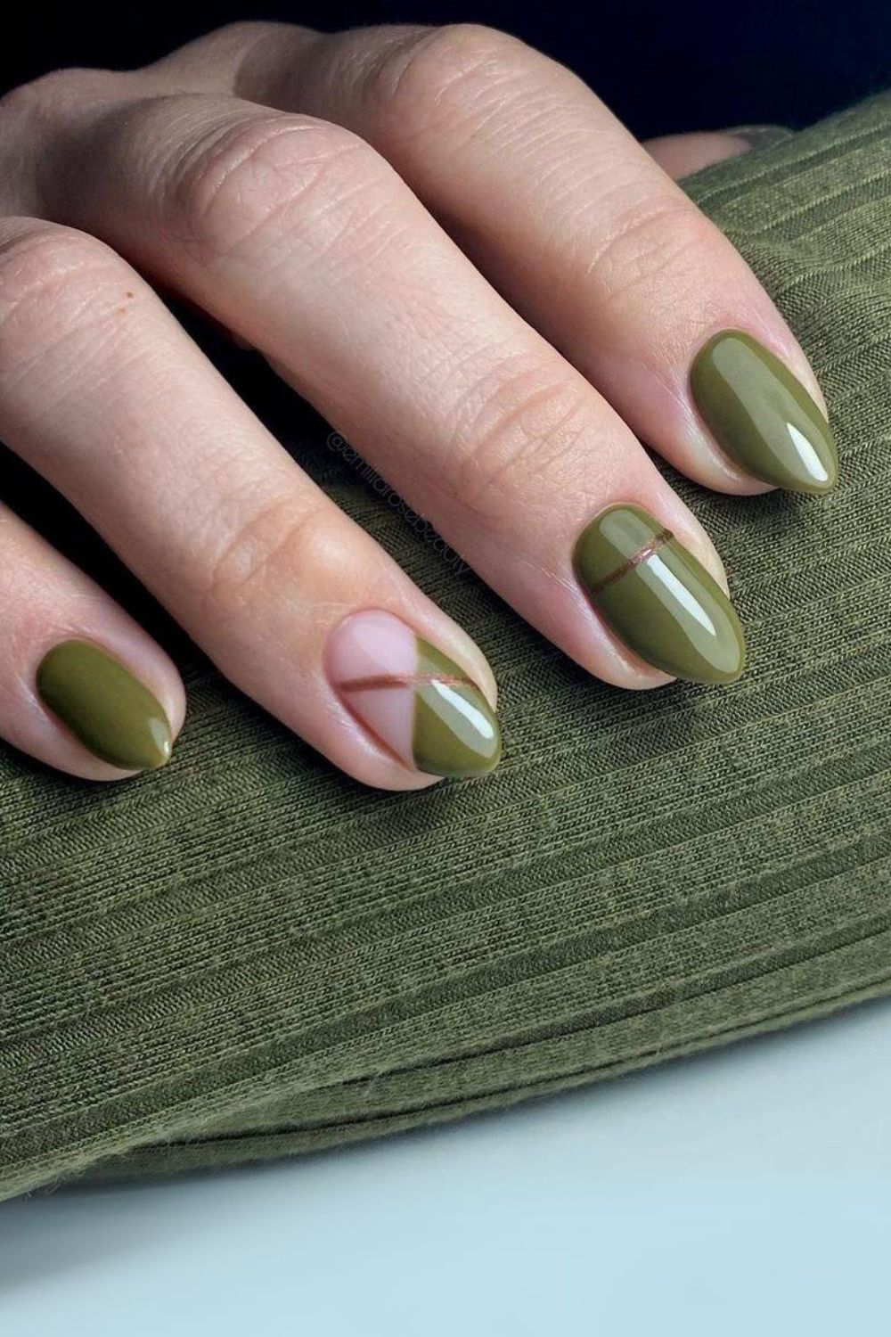 Olive green nails with copper accents