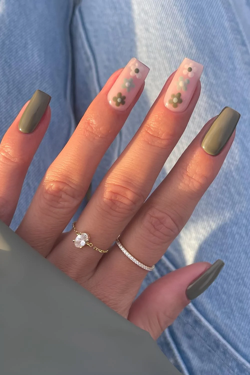 Olive green nails with flowers