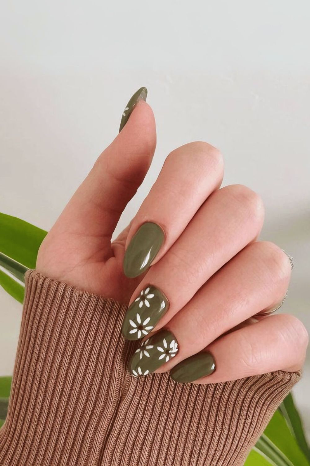 Olive green nails with white flowers