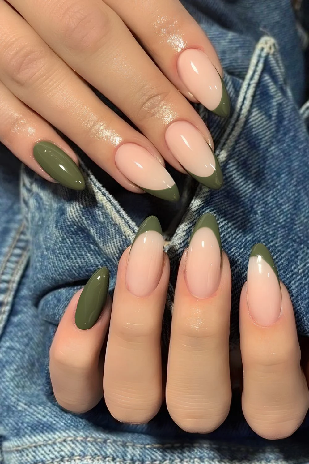 Olive green solid and french tip mix nails
