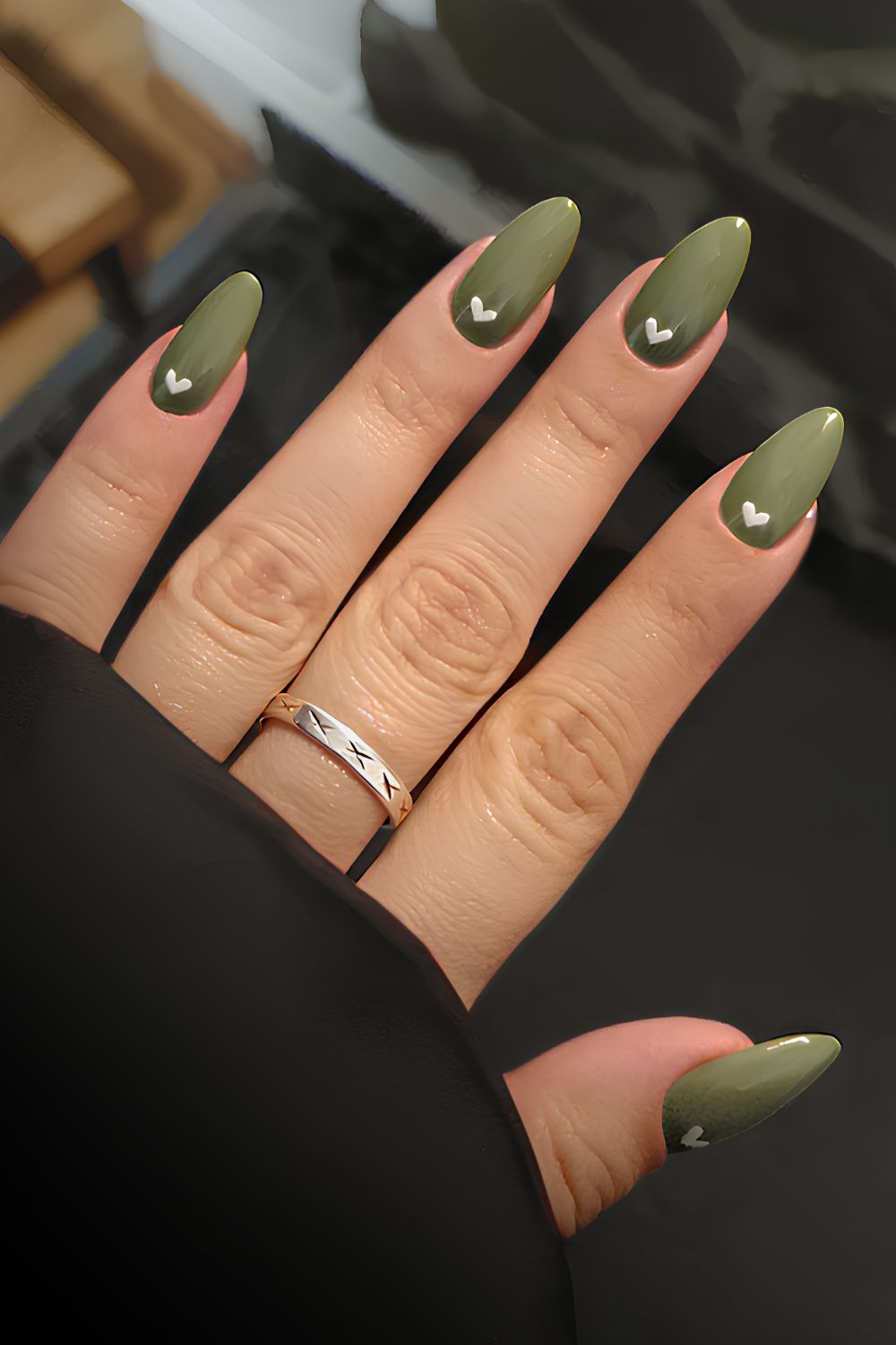 Olive nails with heart art