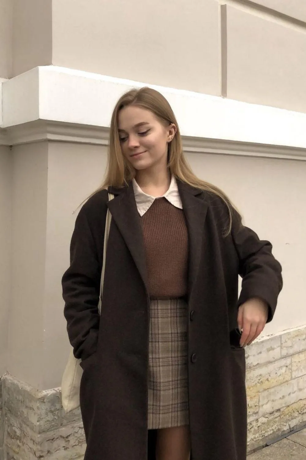 Oversized Coat with Knit and Plaid Skirt