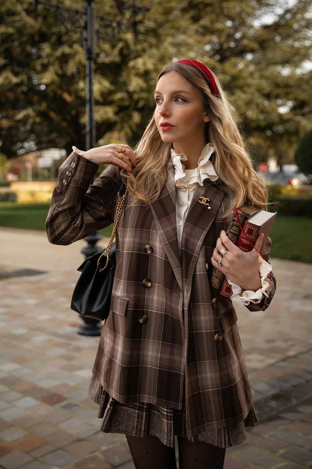 Plaid blazer and skirt with ruffled collar blouse