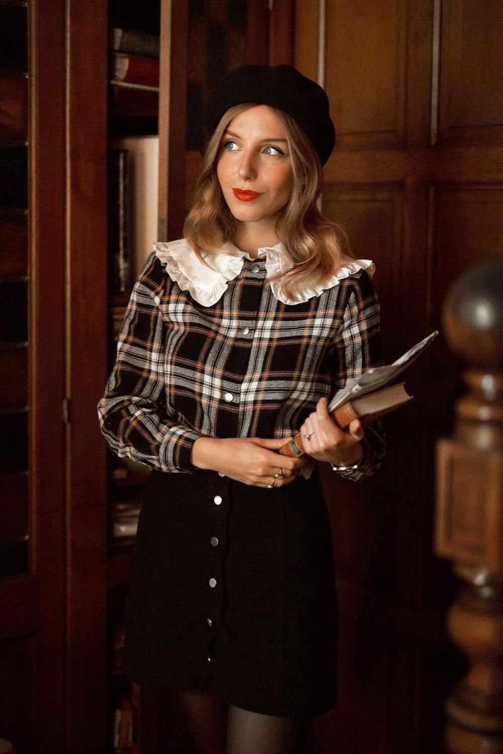 Plaid button-down with black skirt and beret