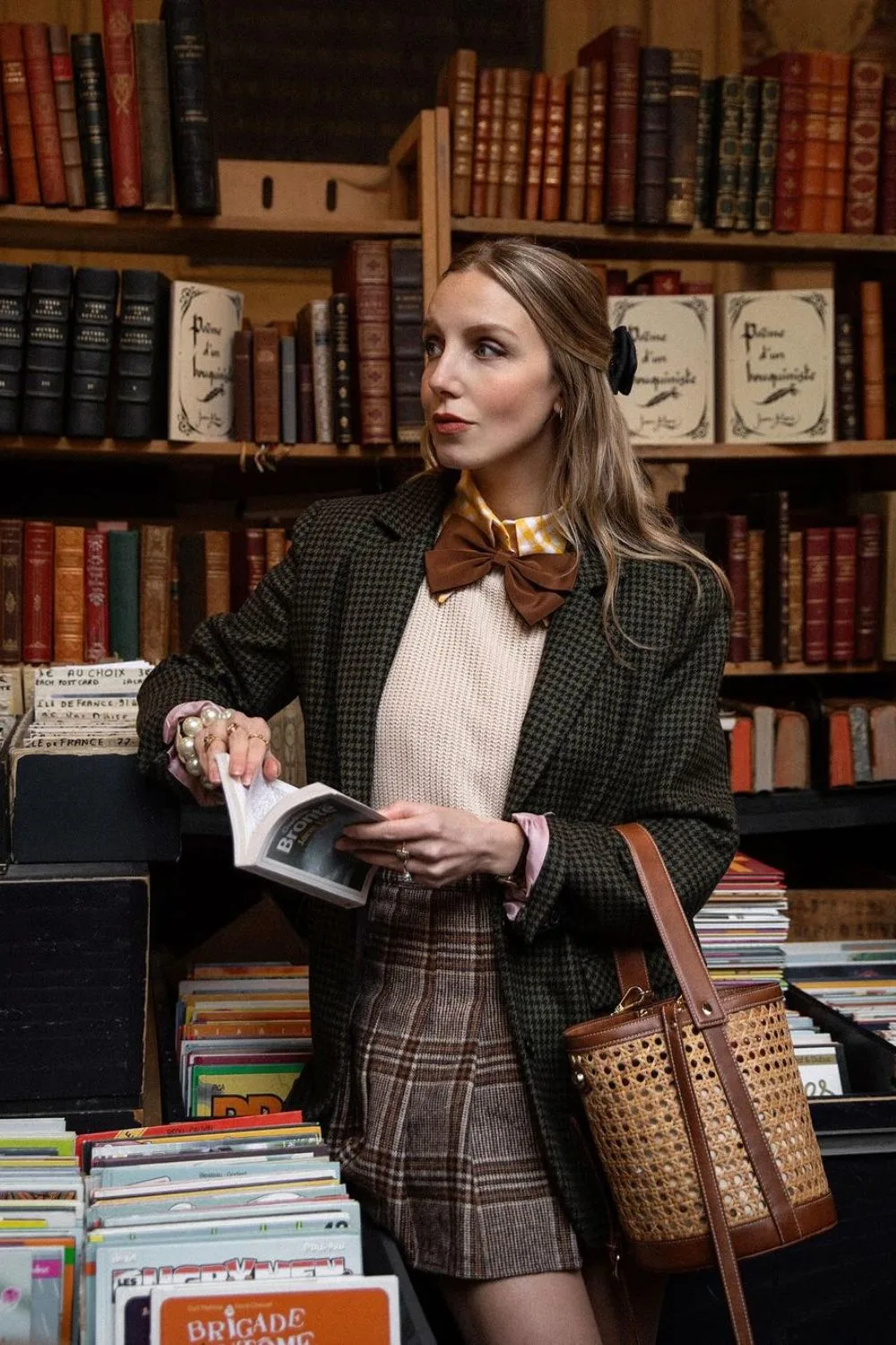 Plaid mini skirt with checked blazer and bow tie