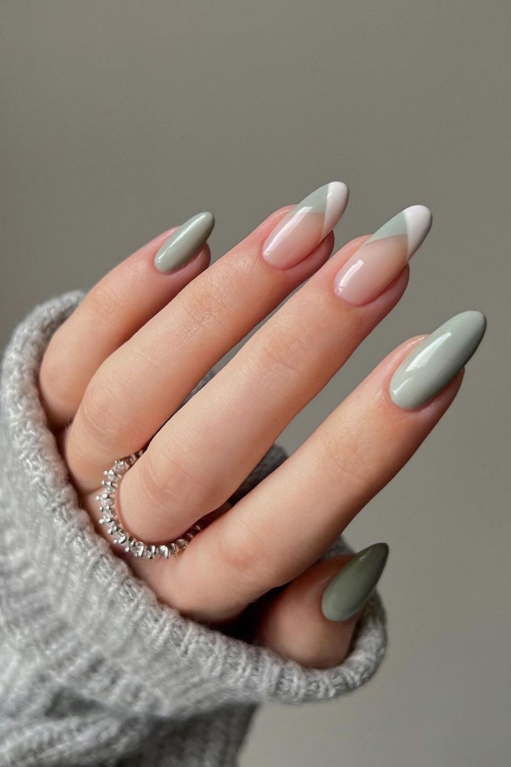 Sage green nails with chevron design