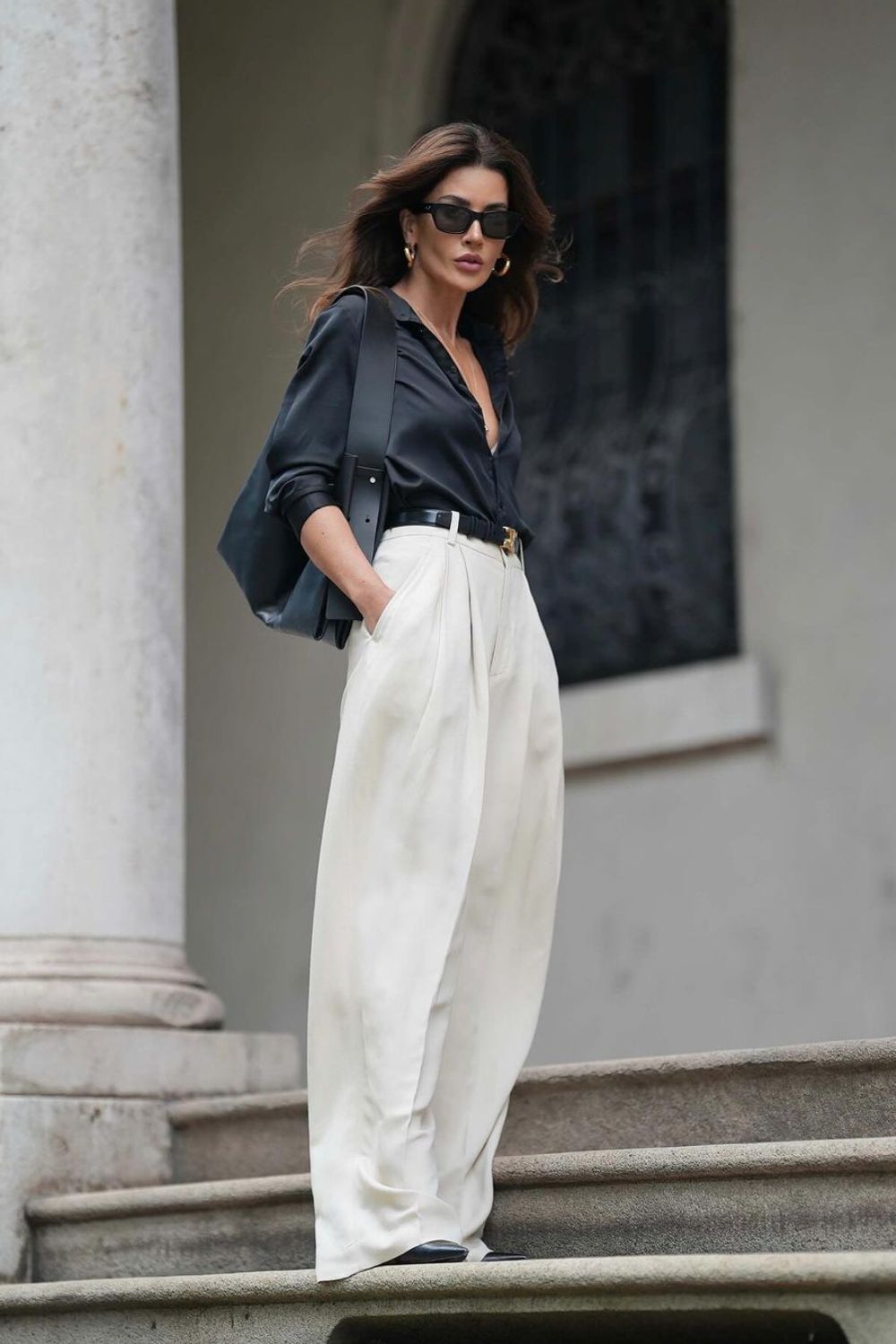 Silk Shirt & White Wide-Leg Pants