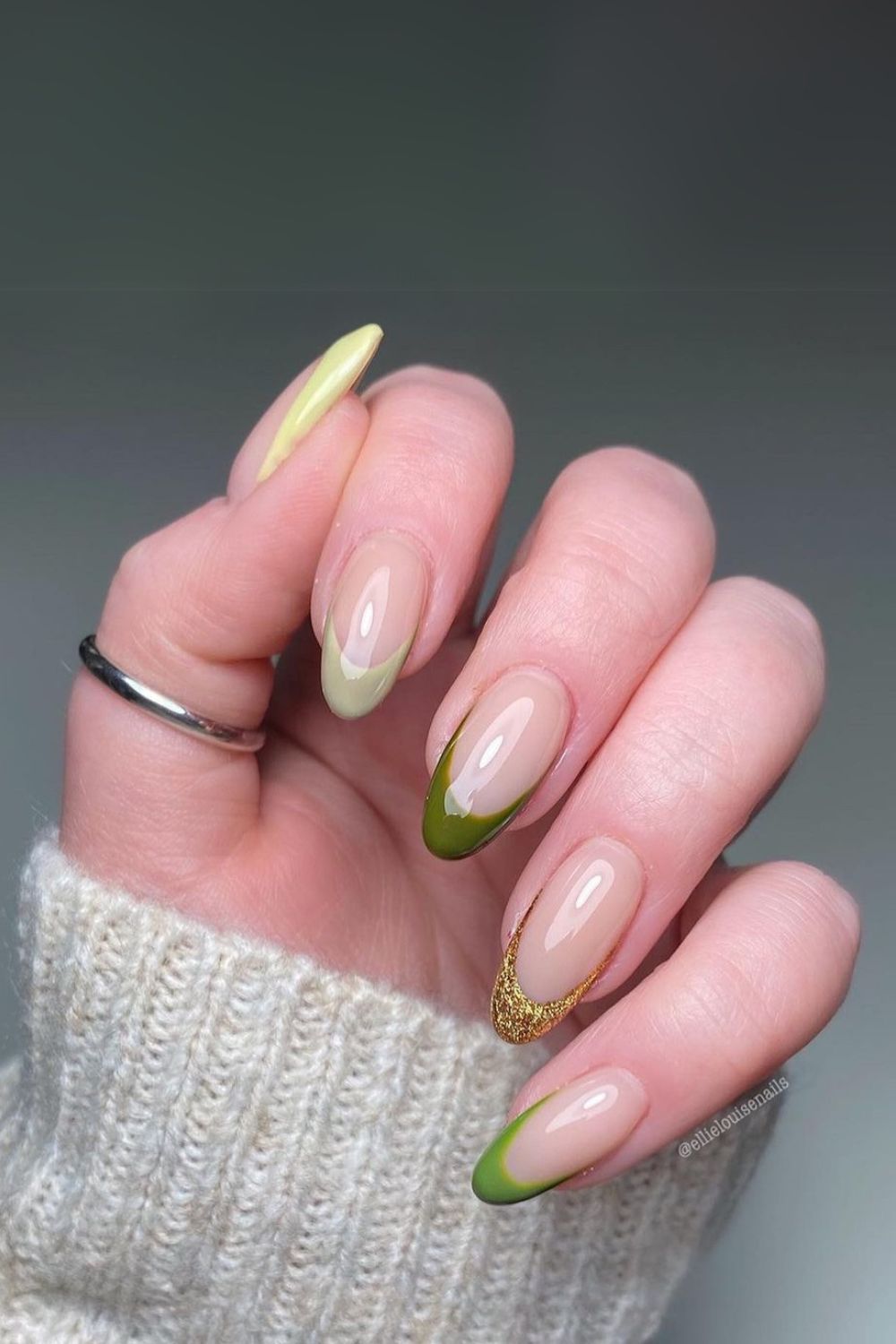 Skittle French nails in alternating green shades